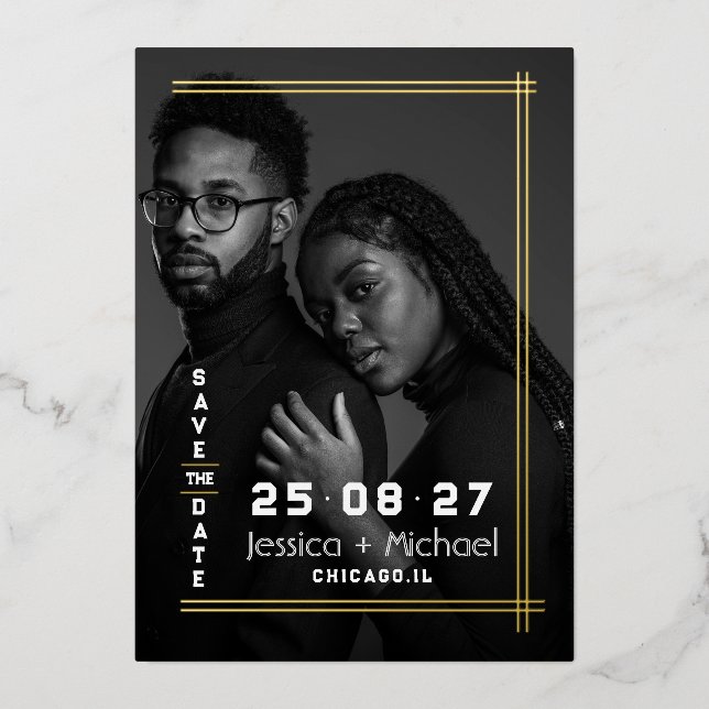 Foil Frame  Photo Wedding Save the Date Card (Front)