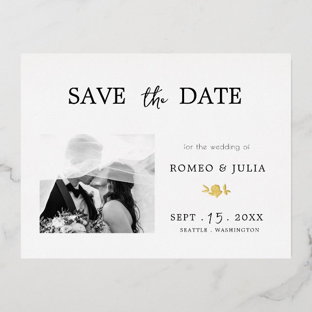 Foil Gilded Romantic Simple Black&White Photo Foil Holiday Postcard (Front)