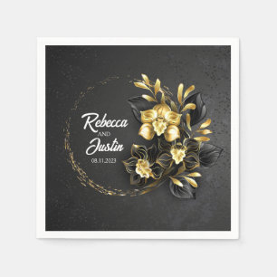 Foil Gold Black Orchids Modern Boho Napkin
