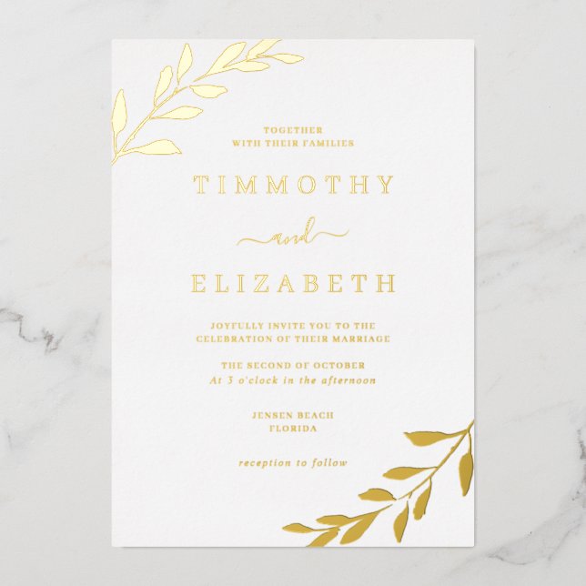 Foil Gold Leaf Elegant Wedding  Foil Invitation (Front)