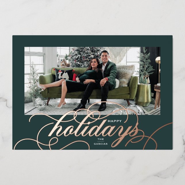 Foil Green Elegant Flourish Script Holiday Card (Front)
