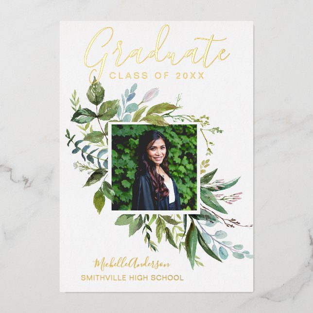 Foil Green Gold Photo Faire-part de graduation (Recto)