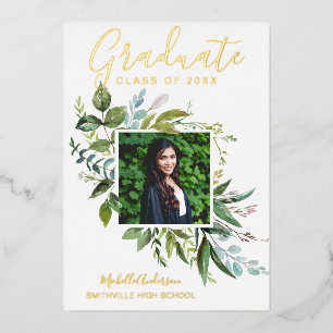 Foil Greenery Gold Photo Graduation Announcement