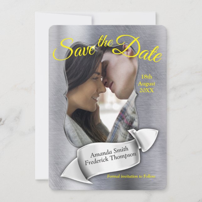 Foil- Grey & yellow text Save the Date Invitation (Front)