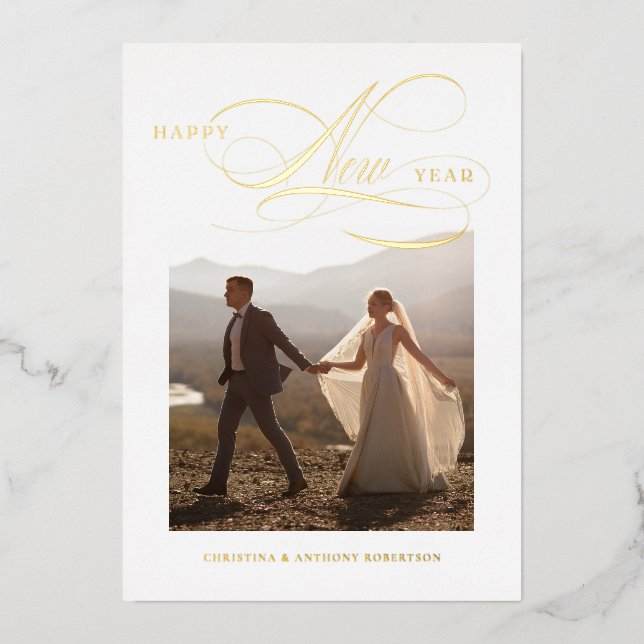 Foil Happy New Year Script Holiday Photo Card (Front)
