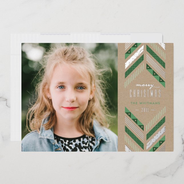 Foil Herringbone Band Holiday Photo Card - Green (Envelope)