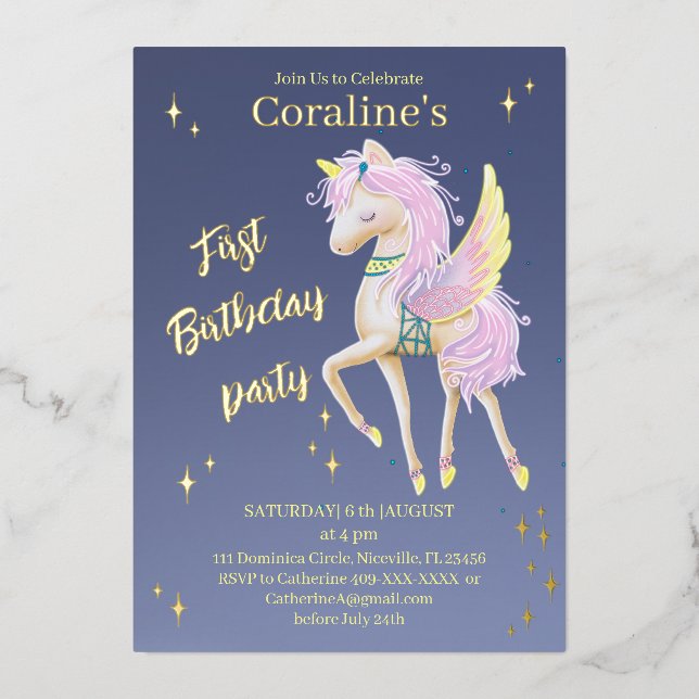 Foil Invitationт 1st birthday with a unicorn. (Front)