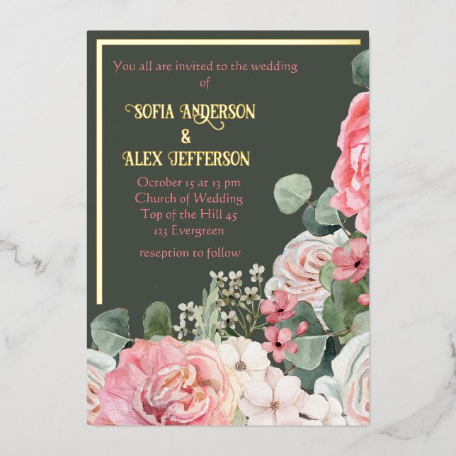 Foil Invitation with watercolor flowers (Front)