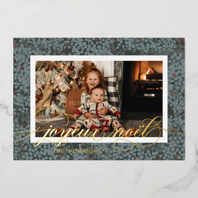 Foil Joyeux Noel Berries Christmas Photo Card (Front)
