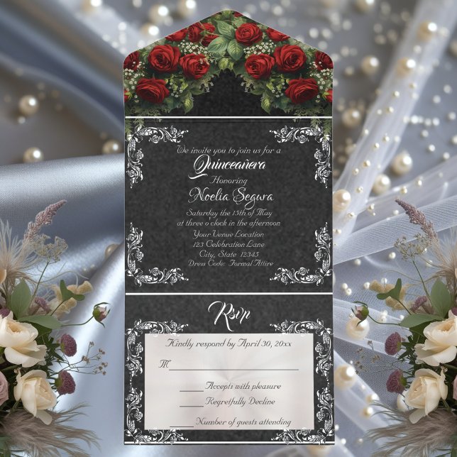 Foil Leaf Frame Quinceanera - Black/Rose Bouquet All In One Invitation (Creator Uploaded)