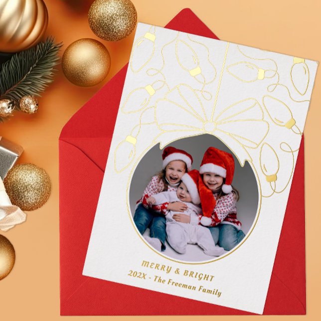 Foil Merry + Bright Ornament Photo Card (Gold Modern Holiday Greeting Card)