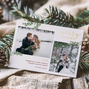 Foil Merry Christmas   Greenery Branches 2 Photo Foil Holiday Card