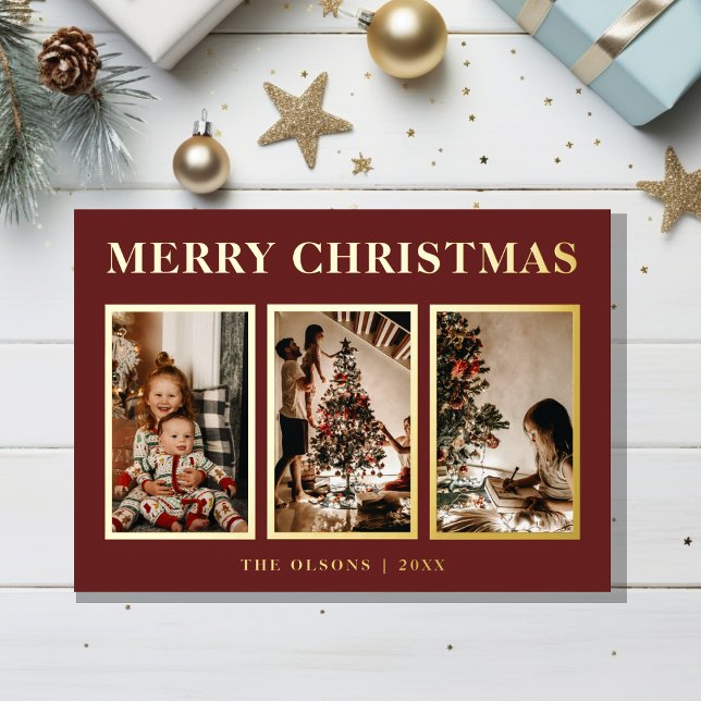 FOIL Minimalist Classic Christmas Red Three Photo Foil Holiday Card (Creator Uploaded)