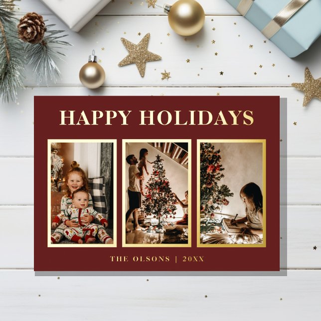 FOIL Minimalist Classic Holidays Red Three Photo Foil Holiday Card (Creator Uploaded)