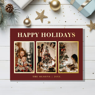 FOIL Minimalist Classic Holidays Red Three Photo Holiday Card
