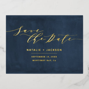 Foil Navy blue white elegant wedding save the date Foil Holiday Postcard