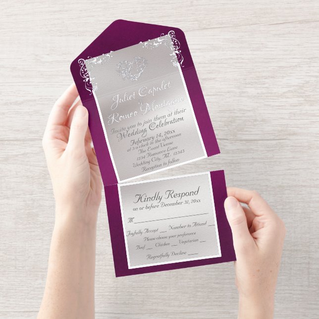 Foil Ornate Frame & Heart - Purple All In One Invitation (Tearaway)