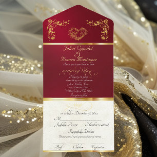 Foil Ornate Frame & Heart - Red All In One Invitation