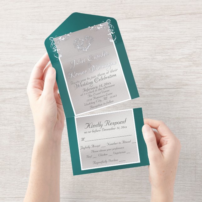 Foil Ornate Frame & Heart - Teal All In One Invitation (Tearaway)