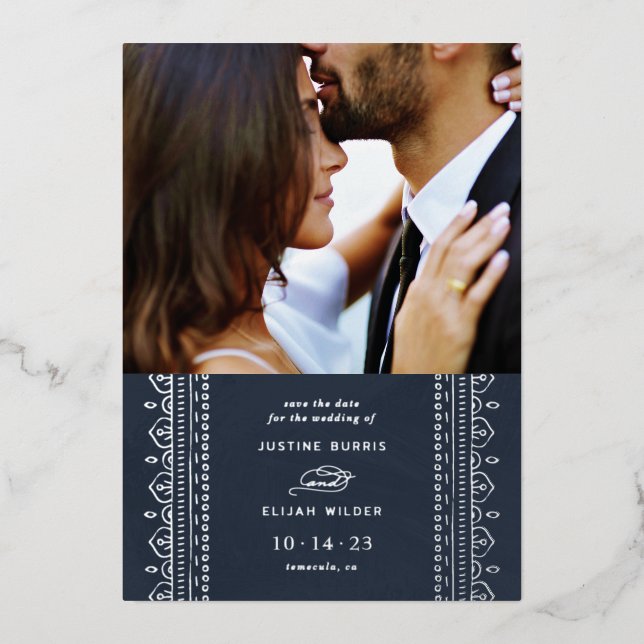 Foil Ornate Frame Save the Date Card - Navy (Front)
