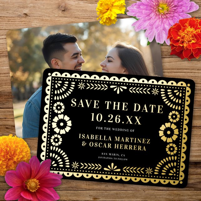 Foil Papel Picado Photo Wedding Save The Date Card (Creator Uploaded)