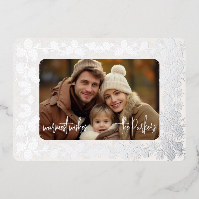 Foil Pinecone Holiday One Photo Card- white (Front)