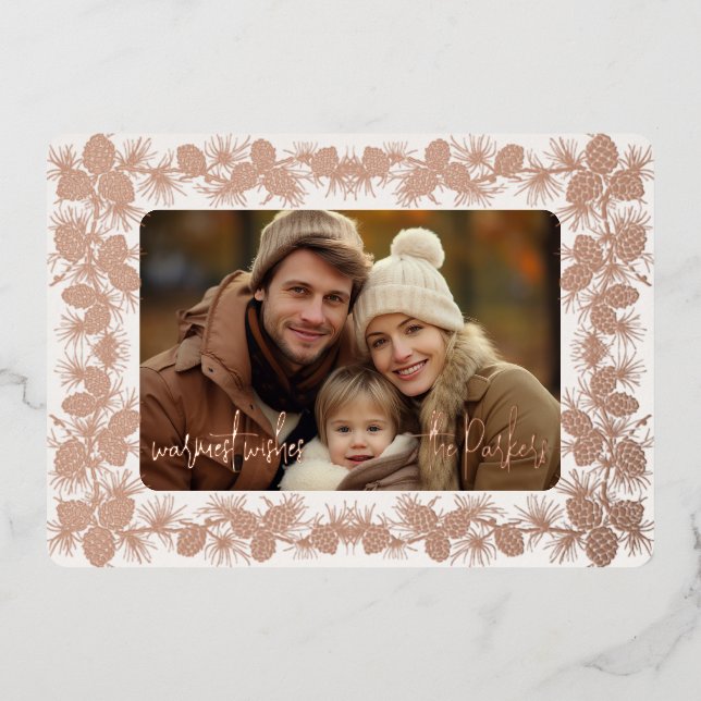 Foil Pinecone Holiday Photo Card- antique white (Front)