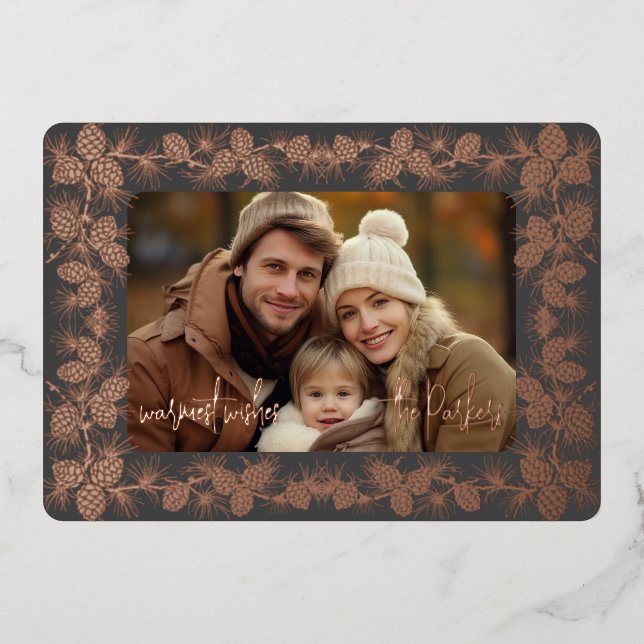 Foil Pinecone Holiday Photo Card- charcoal (Front)