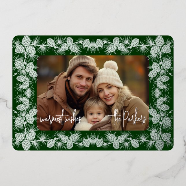 Foil Pinecone Holiday Photo Card- fir green (Front)