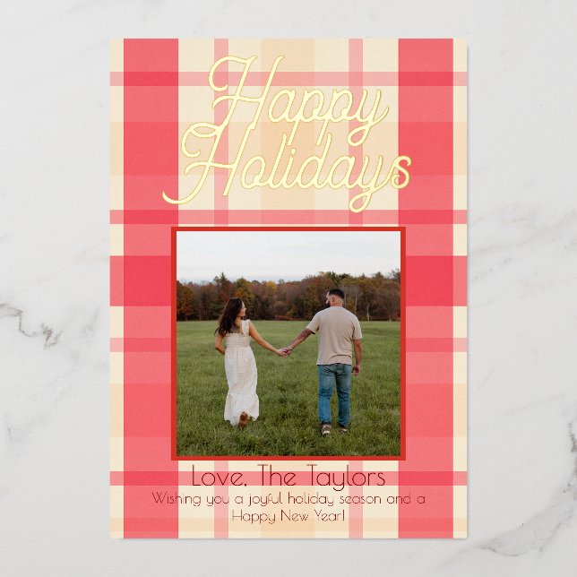 Foil Pink Plaid Vintage Happy Holidays Card (Front)