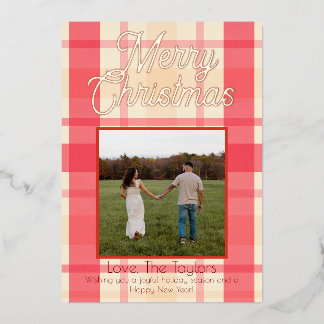Foil Pink Plaid Vintage Merry Christmas Card