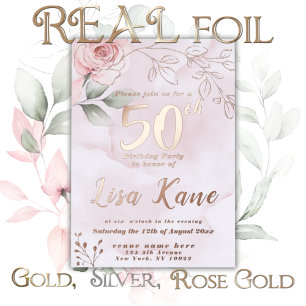 Foil Pink Rose Birthday Invitation Foil Invitation