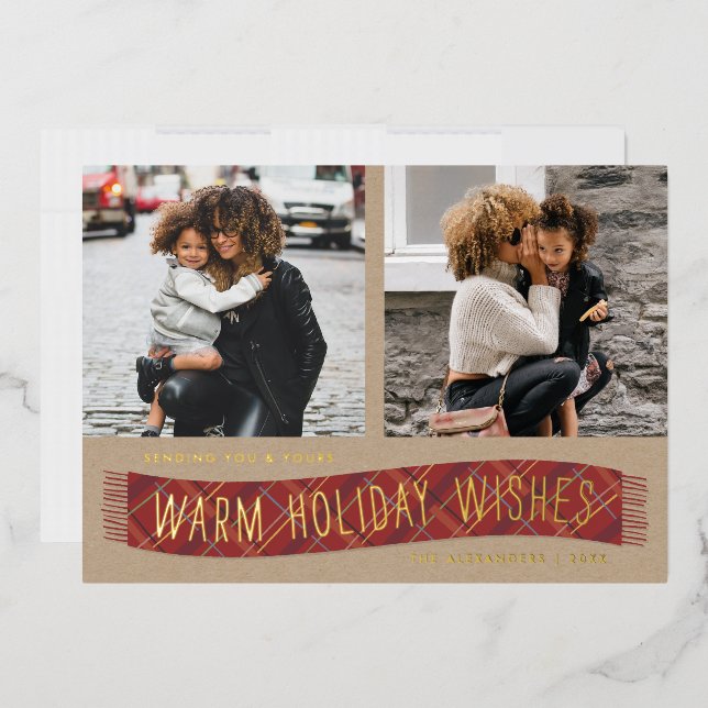 Foil Plaid Winter Scarf Holiday Photo Card - Red (Envelope)
