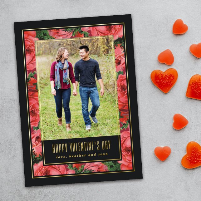 Foil Rose Frame Valentine's Day Photo Card - Black (Creator Uploaded)