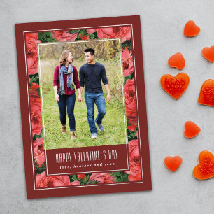 Foil Rose Frame Valentine's Day Photo Card -Maroon