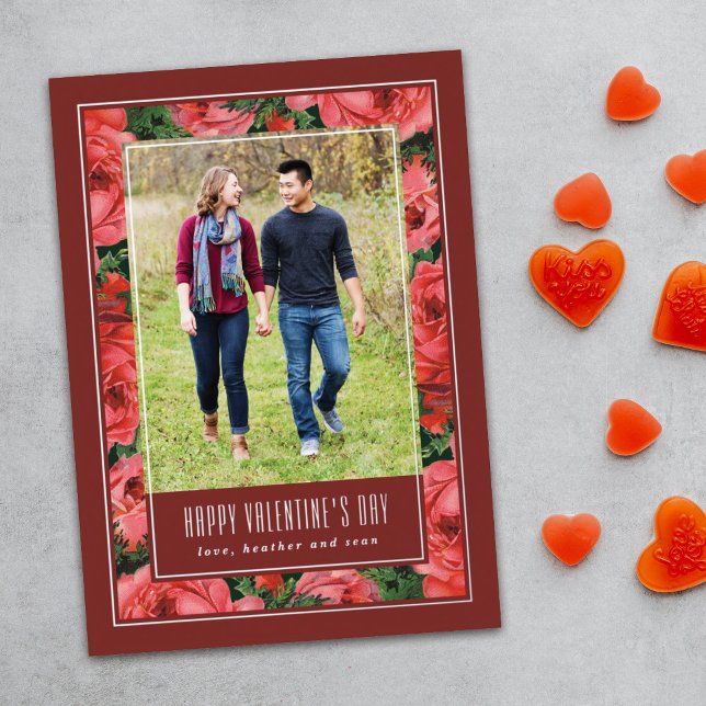 Foil Rose Frame Valentine's Day Photo Card -Maroon (Creator Uploaded)