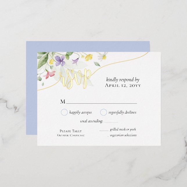 Foil RSVP Watercolor Floral Dinner Wedding Card (Front/Back)