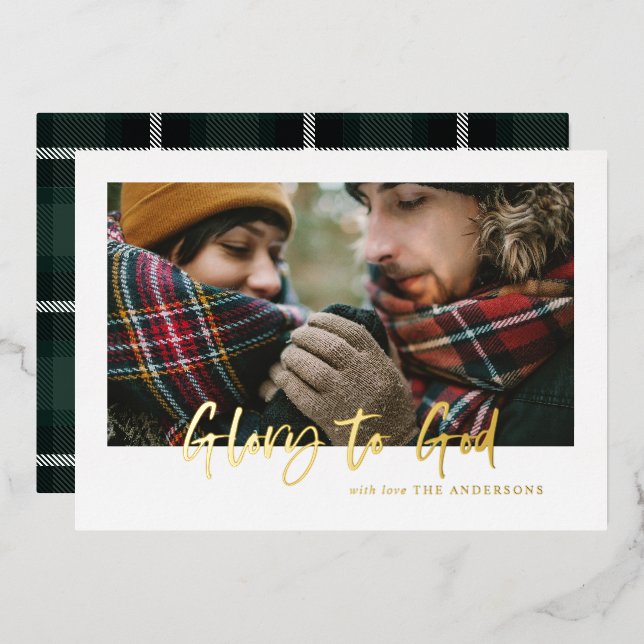 foil script glory to god green tartan photo  foil holiday card (Front/Back)