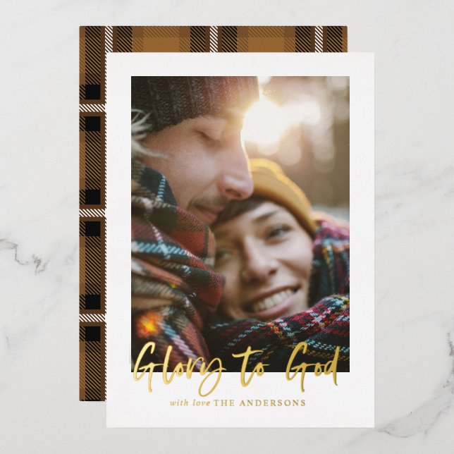 foil script glory to god mustard tartan photo foil holiday card (Front/Back)