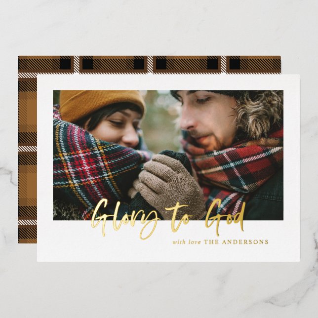 foil script glory to god mustard tartan photo  foil holiday card (Front/Back)