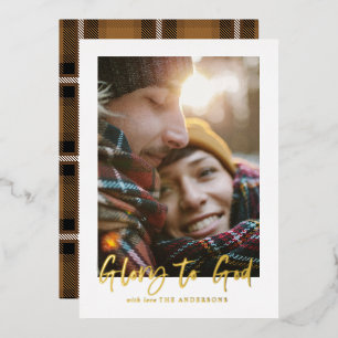 foil script glory to god mustard tartan photo holiday card