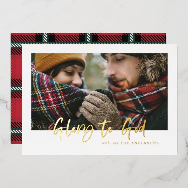 foil script glory to god red tartan photo foil holiday card (Front/Back)