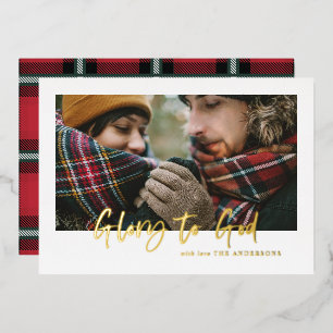 foil script glory to god red tartan photo holiday card