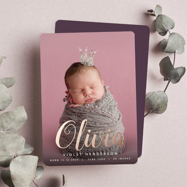 Foil Script Name Vertical Photo Birth Announcement (Creator Uploaded)