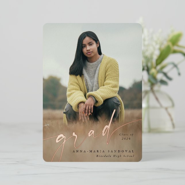 Foil Script Two Photo Graduation Announcement (Standing Front)