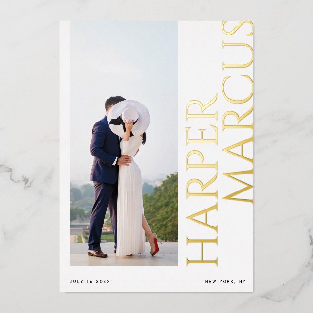 Foil Side Names Modern Photo Save the Date Card (Front)