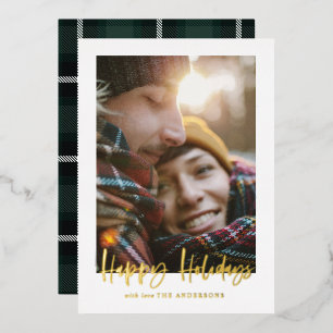 foil stylish green and blue tartan check photo  holiday card