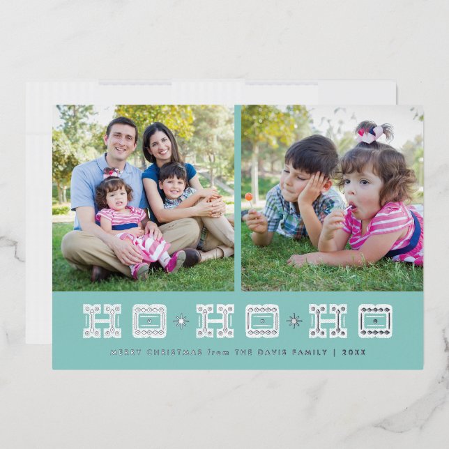 Foil Typographic Ho Ho Ho Holiday Card - Blue (Envelope)