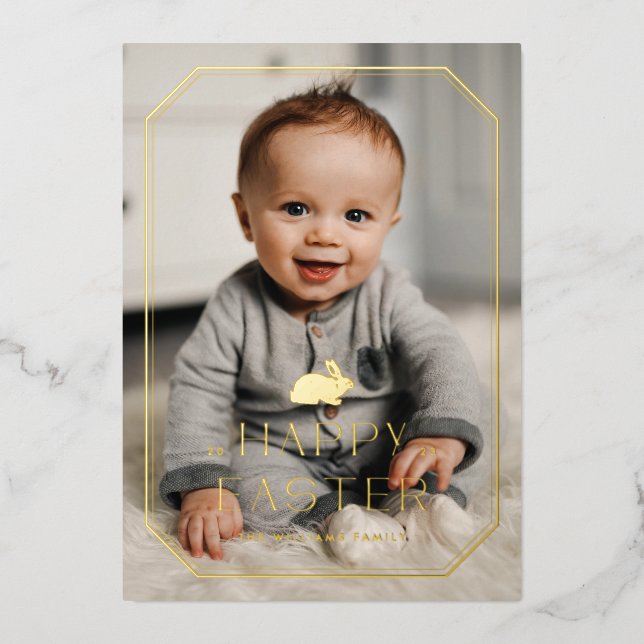 Foil Vintage Bunny Frame Easter Photo Card (Front)
