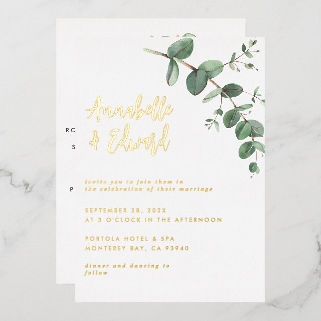 foil Wedding eucalyptus details and invitation  (Front/Back)
